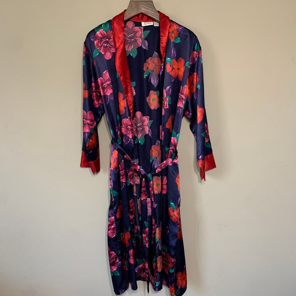Vintage Tesoro Navy/Red Satin Floral Belted Robe Size Large